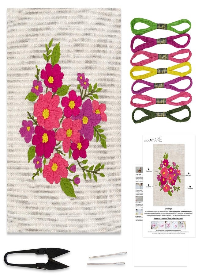 picknMAKE Hoop-Free DIY Hand Embroidery Kit for Beginners & Adults | Floral Design on Stiff Jute Fabric | Includes 7 Threads, Needles, Cutter & Instruction Sheet | No Hoop Required Sewing & Craft Kit - Image 1